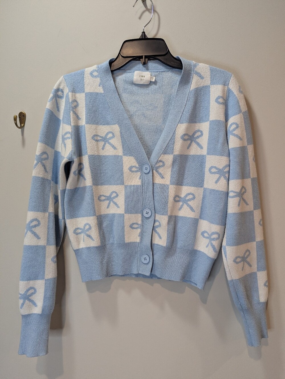 Luna Ivy Blue And White Gingham Bow Button Up Cardigan Size S